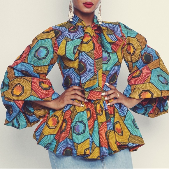 Multi-Color Handmade Bold Print Tie Neck Peplum - Picture 1 of 4